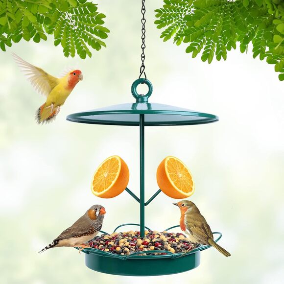 Hanging Metal Bird Feeder Outdoor Wild Bird Food Tray with Fruit Holder Green - Picture 1 of 7